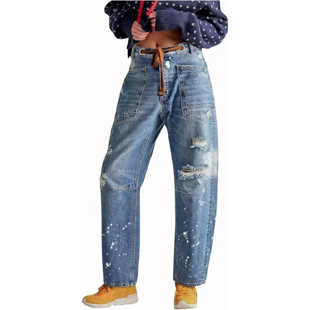 Women’s Baggy Wide Leg Barrel Jeans Mid Rise Drawstring Casual Denim